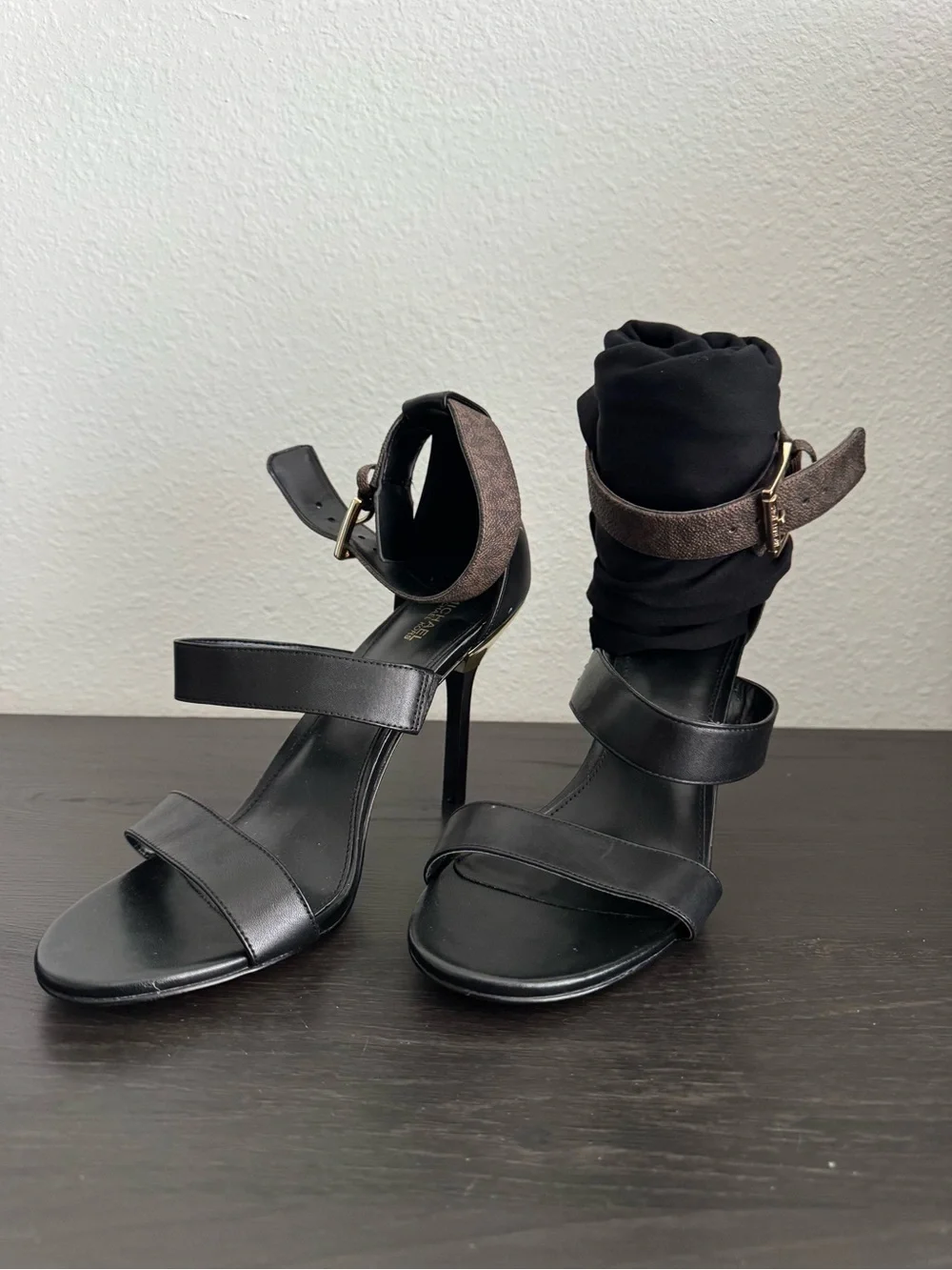 Michael Kors Black Strappy High Heel Sandals with Ankle Wrap